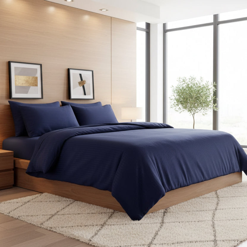 King Size 6 Pieces Premium Satin Stripe Duvet Cover, Dark Blue. - BusDeals