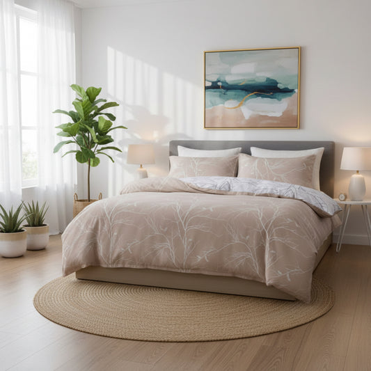 King Size 6 Pieces, Reversible Duvet Cover Set, Pine Brown Color, Twigs Design - BusDeals