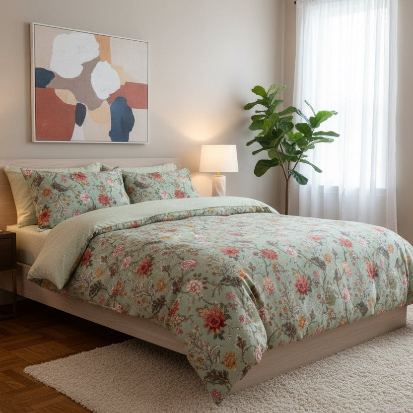 King Size 6 Pieces, Reversible Style Duvet Cover Set, Roses Design with Dark Khaki Color. - BusDeals
