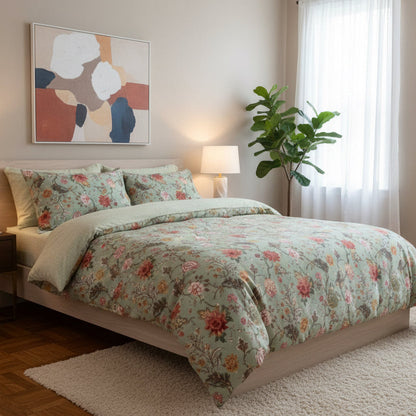 King Size 6 Pieces, Reversible Style Duvet Cover Set, Roses Design with Dark Khaki Color. - BusDeals