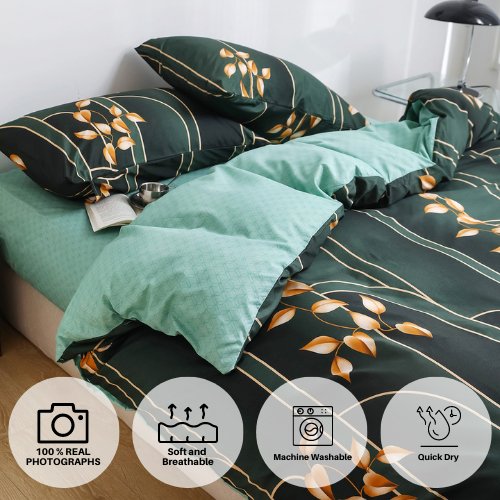 King Size 6 Pieces set, Reversible Modern leaves Print Green color Bedding Set Without Filler. - BusDeals