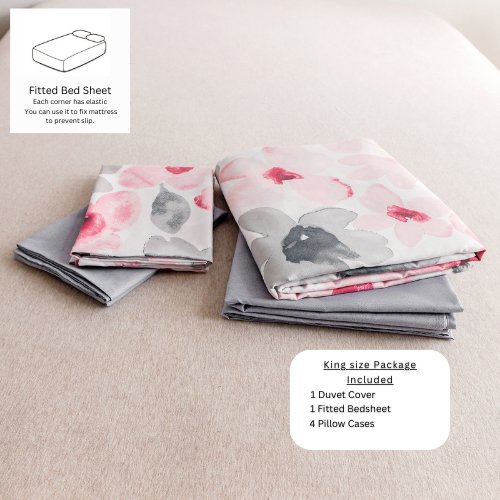 King size 6 pieces, Vintage Style Pink with Grey Floral Bedding set without filler. - BusDeals
