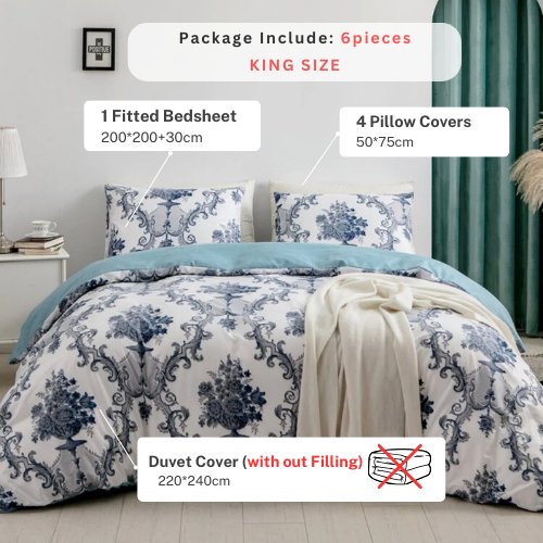 King size 6 pieces without filler, Bohemia design navy color, Bedding Set - BusDeals