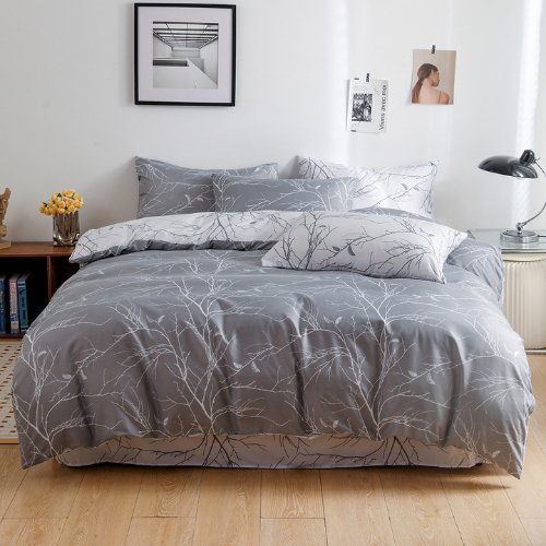 King size 6 pieces without filler, Reversible Design Grey and White Sakura Duvet cover. - BusDeals