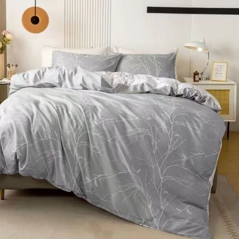 King size 6 pieces without filler, Reversible Design Grey and White Sakura Duvet cover. - BusDeals