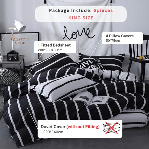 King size bedding set of 6 pieces, Black & White Stripes design. - BusDeals