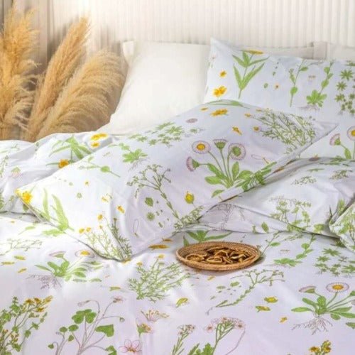 King size bedding set of 6 pieces, Green Leaves design. - BusDeals