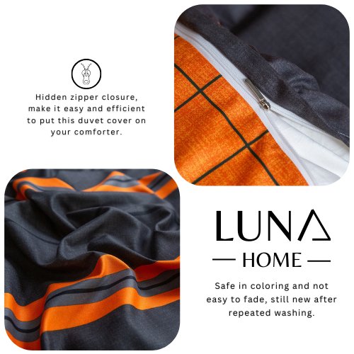 King size bedding set of 6 pieces, Orange & Grey Stripes Design. - BusDeals