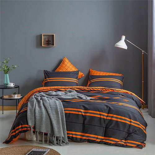 King size bedding set of 6 pieces, Orange & Grey Stripes Design. - BusDeals