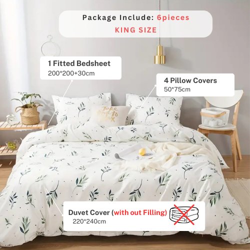 King size Bedding Set without filler 6 pieces, Small Green leaves design - BusDeals