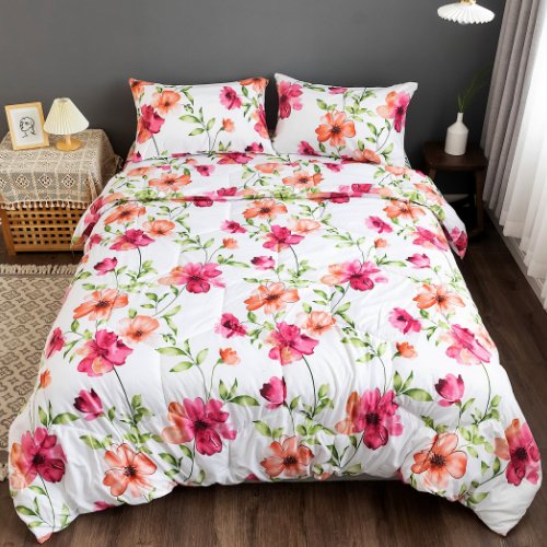 King Size Comforter set of 4 pieces, Floral design cloud white color - BusDeals