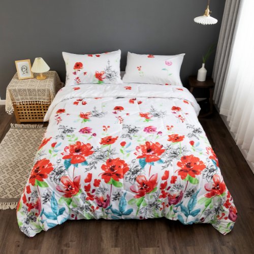 King Size Comforter set of 4 pieces, Floral design white color - BusDeals