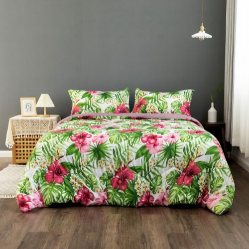 King Size Comforter set of 4 pieces, Flower & leaves design green color - BusDeals