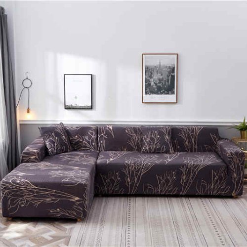 L Shape Set of 2 pieces Sofa Cover Brown Color, Tree Design. - BusDeals