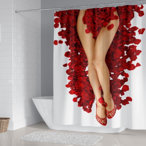 Lady in Red Petals design, shower curtain with 12 hooks. - BusDeals