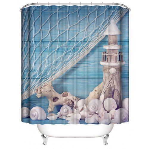 Lighthouse Design, Shower Curtain with 12 hooks. - BusDeals