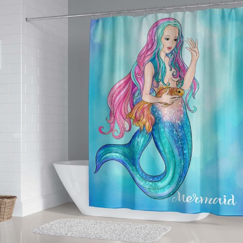 Mermaid design, shower curtain with 12 hooks. - BusDeals
