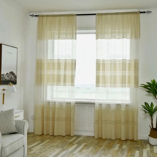 Modern Striped Tulle, Window Sheer Curtains set of 2 Pieces, Beige Color. - BusDeals