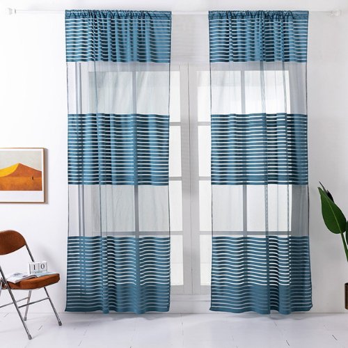 Modern Striped Tulle, Window Sheer Curtains set of 2 Pieces, Blue Color. - BusDeals