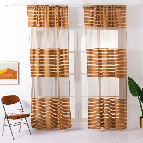 Modern Striped Tulle, Window Sheer Curtains set of 2 Pieces, Gold Color. - BusDeals