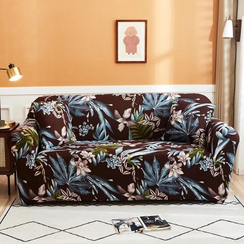 One Seater Blue Leaves Sofa Cover, Stretchable Sofa Cover. - BusDeals