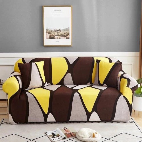 One seater stretchable sofa cover, Brown & yellow color geometric design - BusDeals