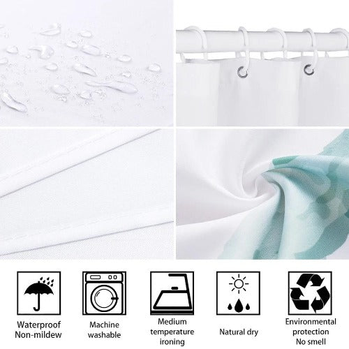 Palm design, shower curtain with 12 hooks. - BusDeals