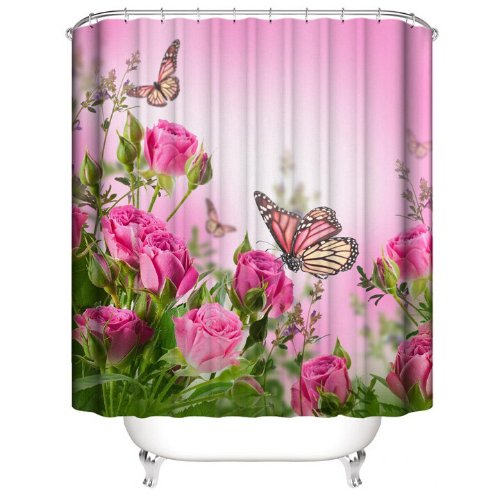 Pink Butterfly design, shower curtain with 12 hooks. - BusDeals