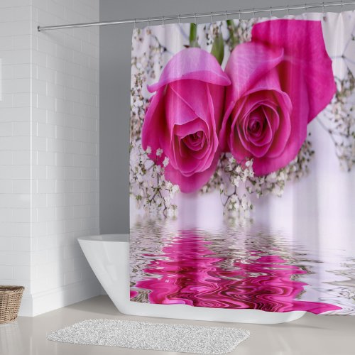 Pink rose design, shower curtain with 12 hooks. - BusDeals