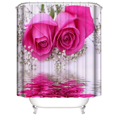 Pink rose design, shower curtain with 12 hooks. - BusDeals