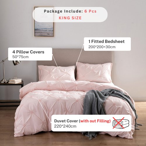 Premium 6 Piece King Size Duvet Cover Pinch Design, Solid Pink. - BusDeals