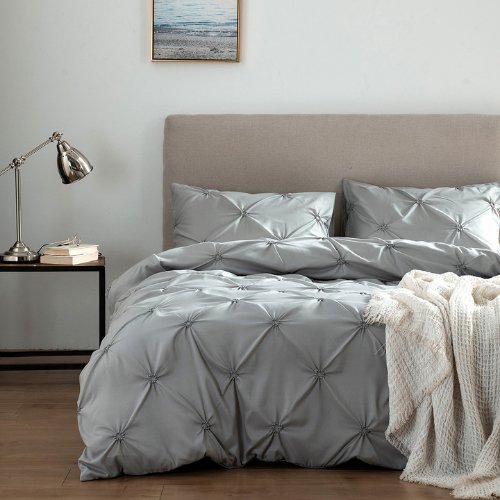 Premium 6 Piece King Size Duvet Cover Pinch Rose Design, Solid Light Gray. - BusDeals