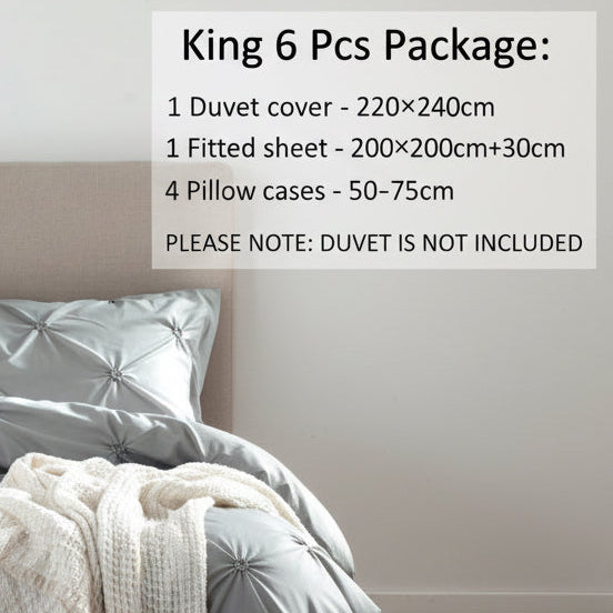 Premium 6 Piece King Size Duvet Cover Pinch Rose Design, Solid Light Gray. - BusDeals