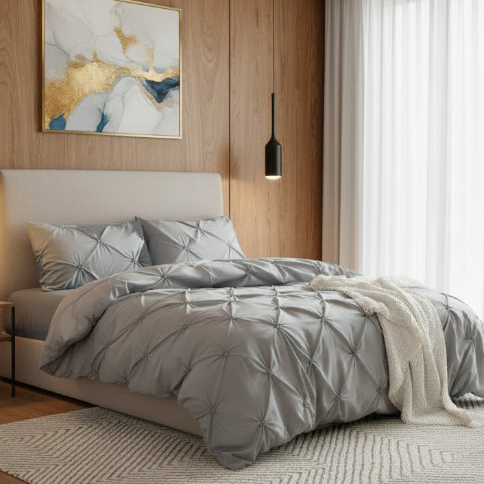 Premium 6 Piece King Size Duvet Cover Pinch Rose Design, Solid Light Gray. - BusDeals