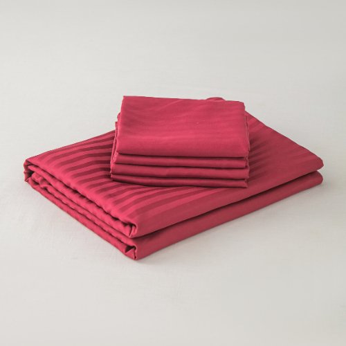 Premium 6 Piece King Size Duvet Cover Satin Stripe Berry Red. - BusDeals