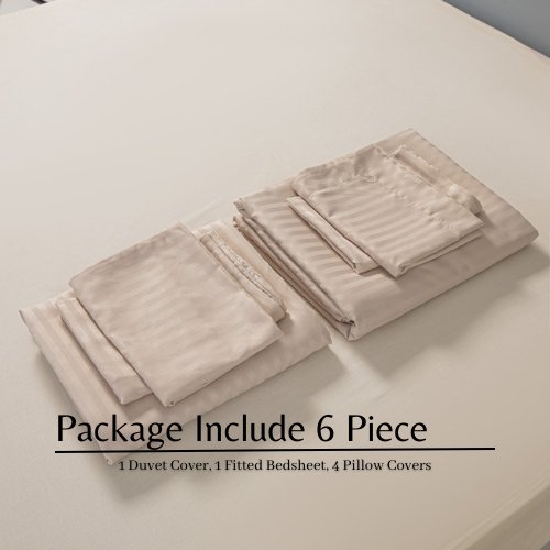 Premium 6 Piece King Size Duvet Cover Satin Stripe Solid Caramel Beige. - BusDeals