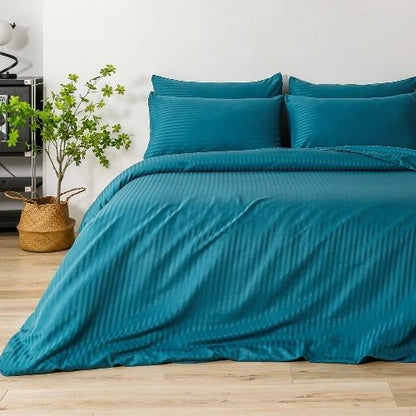 Premium 6 Piece King Size Duvet Cover Satin Stripe Solid Ocean Blue - BusDeals