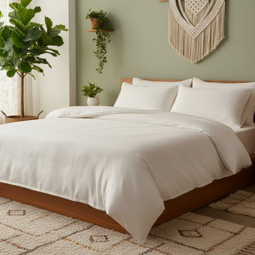 Satin Stripe Design King Size Bedsheet Luxury Solid Powder White Premium bedding set Dubai bedroom UAE Hotel Quality- BusDeals