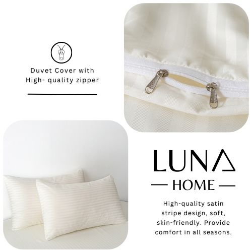 Premium 6 Piece King Size Duvet Cover Satin Stripe Solid Powder White - BusDeals