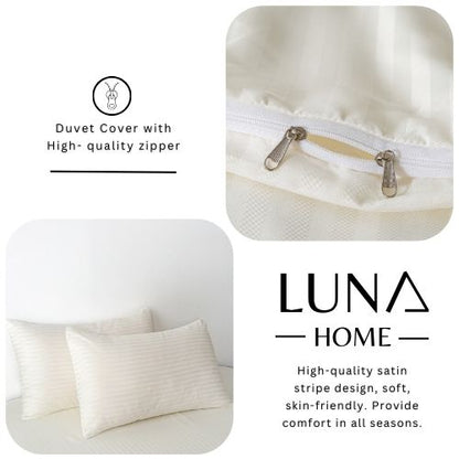 Premium 6 Piece King Size Duvet Cover Satin Stripe Solid Powder White - BusDeals