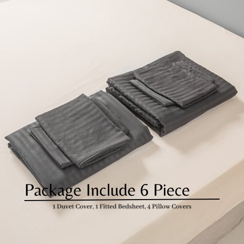 Premium 6 Piece King Size Duvet Cover Satin Stripe Solid Rich Black. - BusDeals