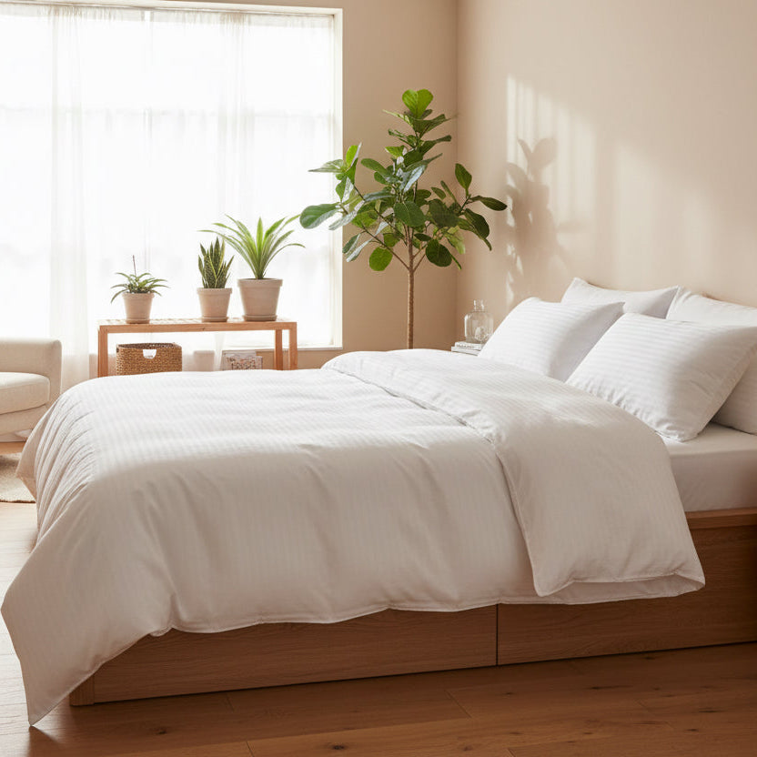 Satin Stripe Design  Solid White Premium bedding set Dubai bedroom UAE Hotel Quality- BusDeals