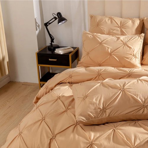 Premium king size 6 pieces bedding Set, pinch pleat design Gold color. - BusDeals