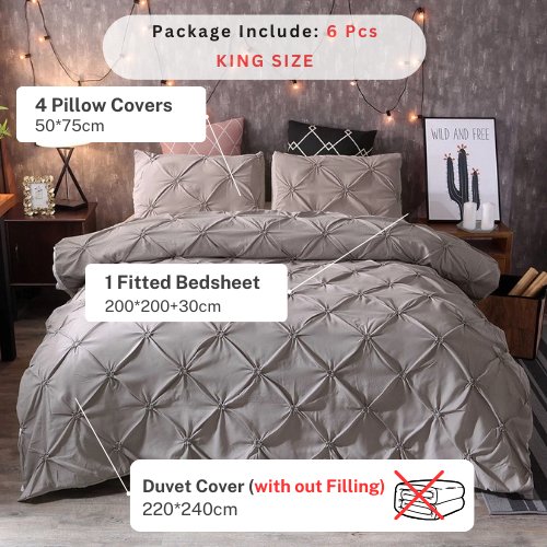 Premium King Size 6 Pieces Bedding Set Without Filler Pinch Pleat Design, Plain Grey color - BusDeals