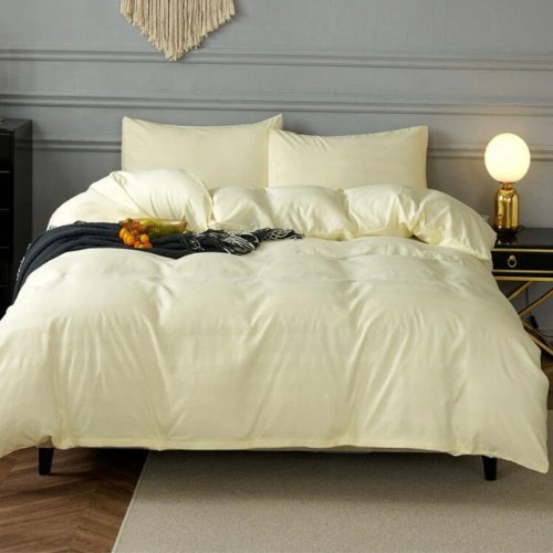 Premium King size 6 pieces Bedding Set without filler, Plain Big Stripe Hotel Quality Light Yellow Color - BusDeals