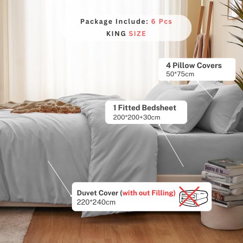 Premium King size 6 pieces Bedding Set without filler, Plain Light Grey Color - BusDeals