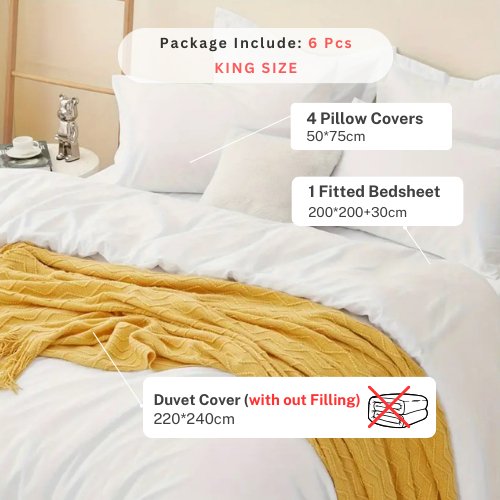 Premium King size 6 pieces Bedding Set without filler, Plain Snow White Color - BusDeals