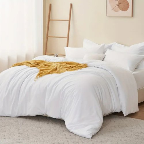 Premium King size 6 pieces Bedding Set without filler, Plain Snow White Color - BusDeals