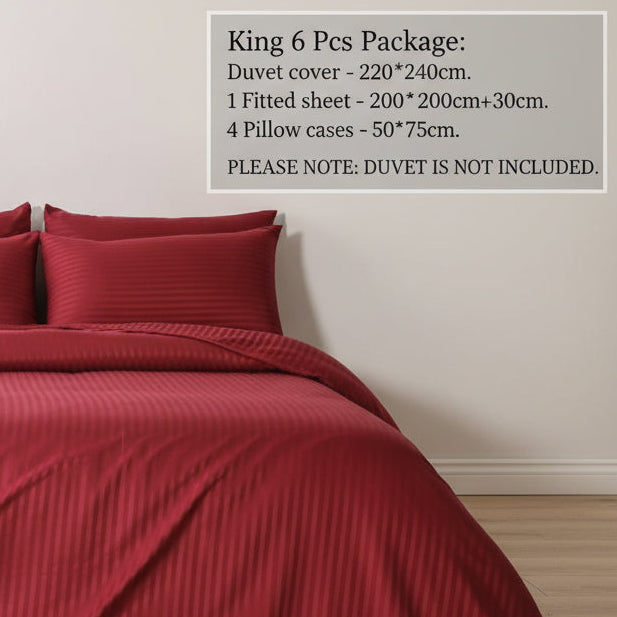 Premium King Size 6 Pieces Bedding Set without filler, Solid Berry Red Color, Satin Stripe Design - BusDeals
