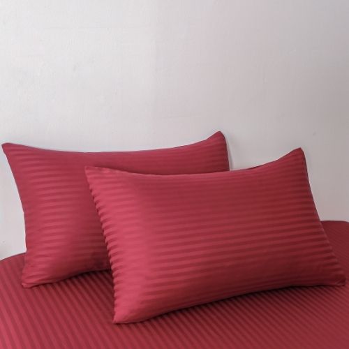 Premium King Size 6 Pieces Bedding Set without filler, Solid Berry Red Color, Satin Stripe Design - BusDeals